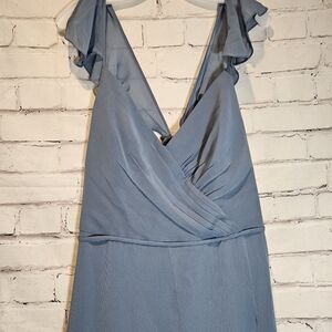 Dress Steel Blue V Neck Ruffle Spaghetti Strap Floor Length David's Bridal Sz 14